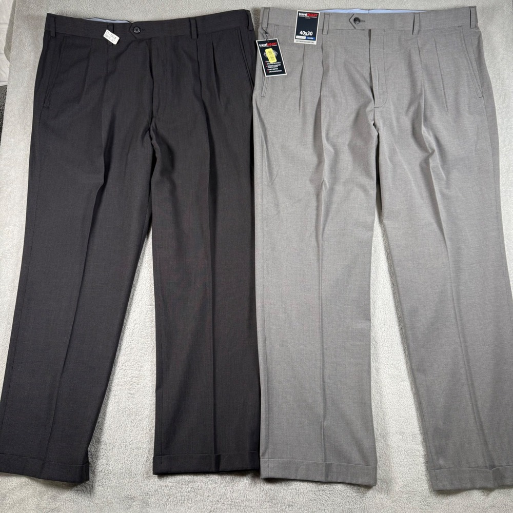 Roundtree & Yorke Dress Pants Mens 40x30 Gray Black TravelSmart Pleated Lot of 2